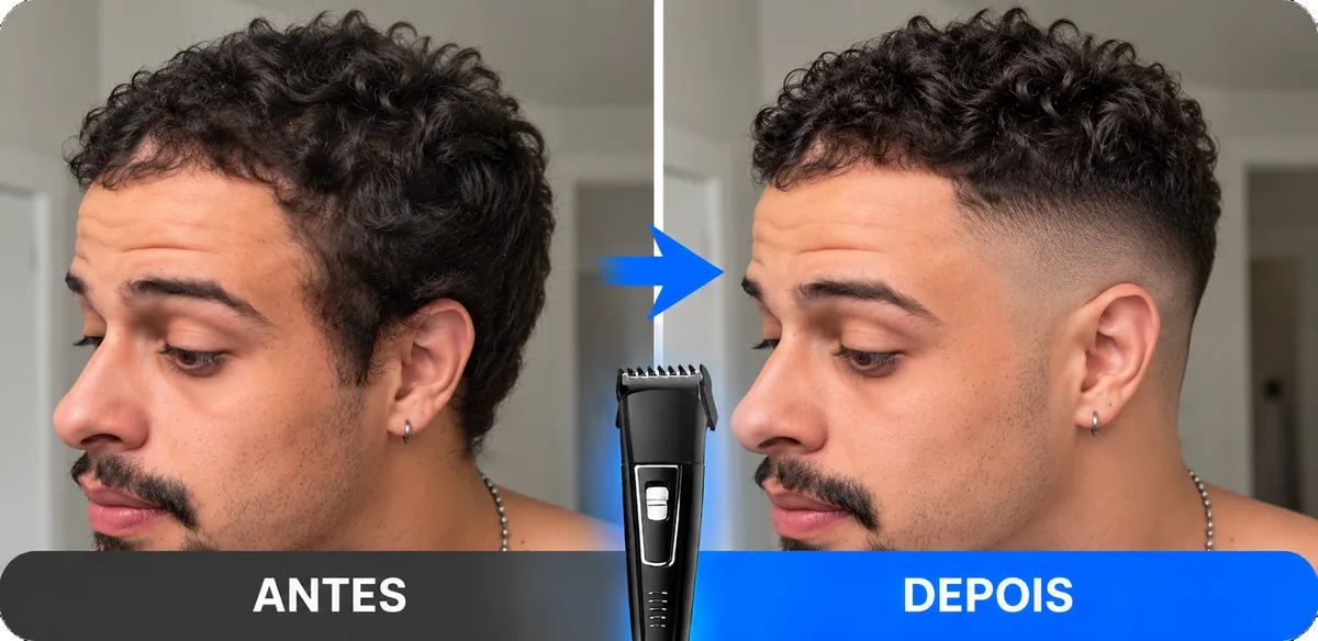 Antes e depois: cabelo cacheado volumoso antes e com degradê nas laterais depois