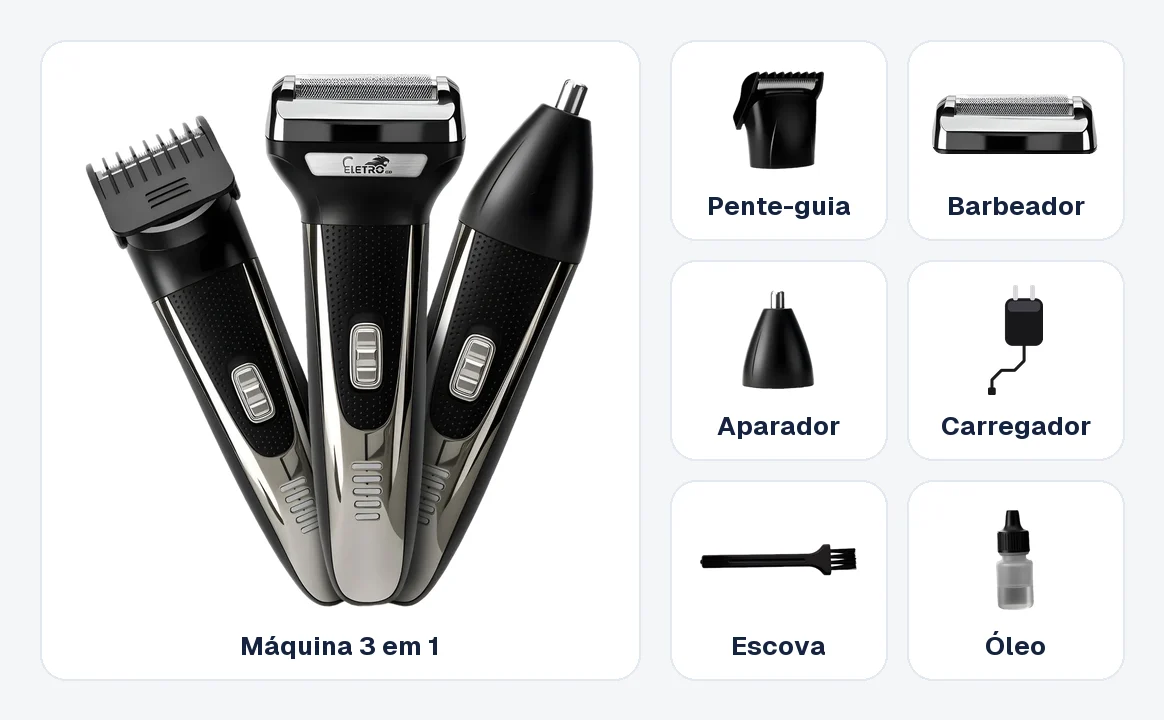 Conteúdo da caixa: máquina 3 em 1, pente-guia, barbeador, aparador, carregador, escova e óleo